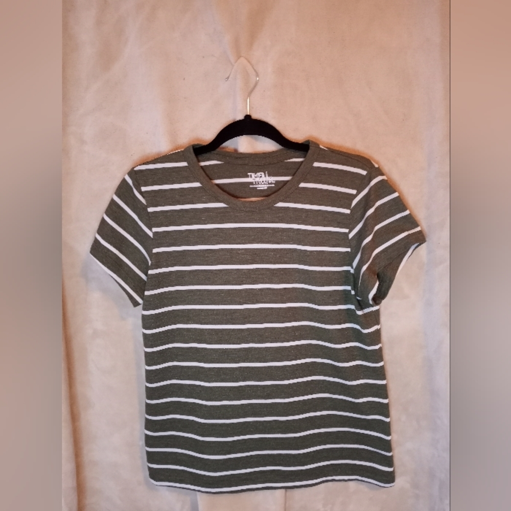 Olive and white striped short sleeve top.
